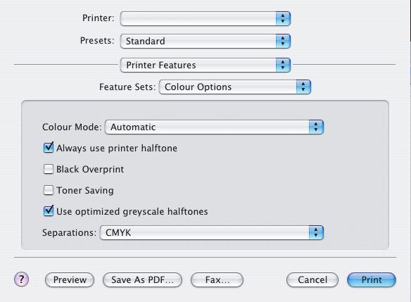 MAC OS X 1. Escolha [Arquivo] [Imprimir]. 1 2 3 4 2. No menu Impressora (1), selecione o modelo da sua impressora. 3. Selecione [Recursos da impressora] (2). 4. No menu [Conjuntos de recursos] (3), selecione [Opções de cor].