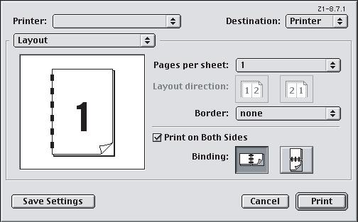 MAC OS 9 1. Em seu programa aplicativo, escolha [Arquivo] [Imprimir]. 1 2 3 4 2. No menu [Impressora] (1), selecione o modelo da sua impressora. 3. Selecione [Layout] (2). 4. Marque a caixa de seleção [Imprimir nos dois lados] (3).