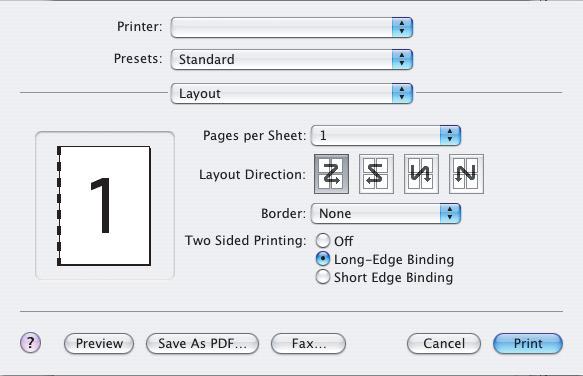MAC OS X 1. Em seu programa aplicativo, escolha [Arquivo] [Imprimir]. 1 2 3 2. No menu [Impressora] (1), selecione o modelo da sua impressora. 3. Selecione [Layout] (2). 4.