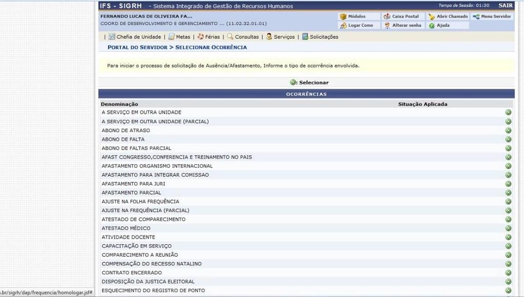 1.1. CADASTRANDO OCORRÊNCIA A SERVIÇO EM OUTRA UNIDADE OCORRÊNCIA SELECIONADA 1º PASSO