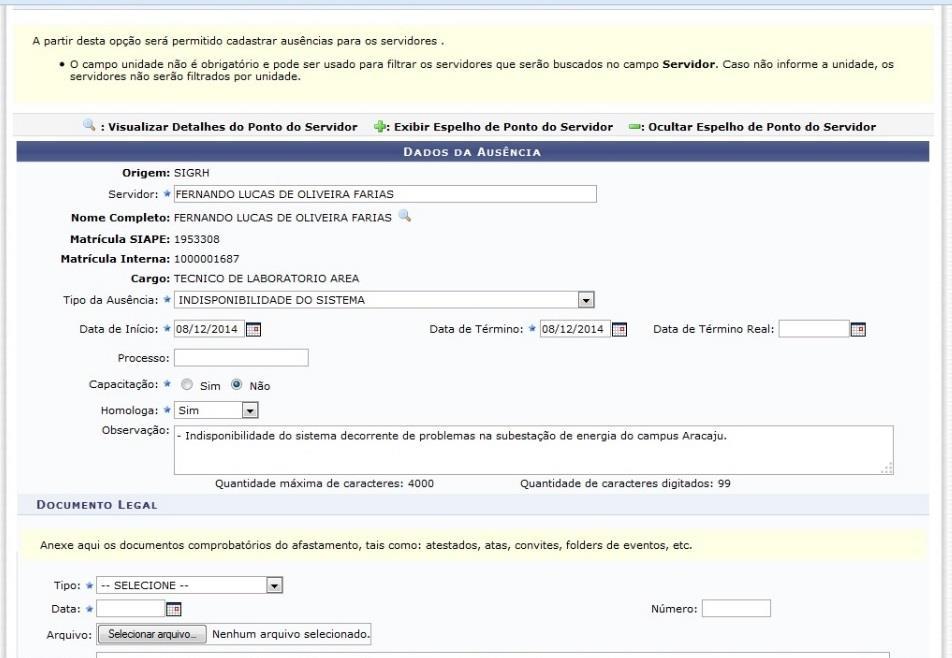 PASSO SELECIONAR O TIPO DE AUSÊNCIA A SER CADASTRADA NO ESPELHO DE PONTO DO