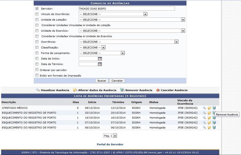 CLIQUE AQUI PARA EXCLUIR AUSÊNCIA 3º PASSO VISUALIZANDO AUSÊNCIAS DO