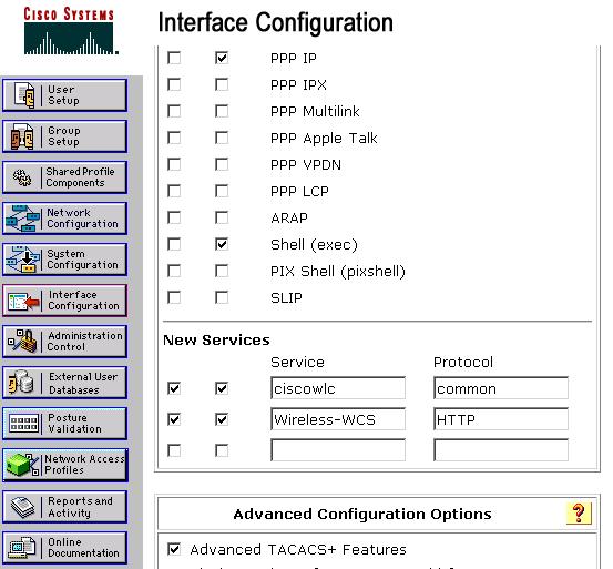 1. No menu da configuração da interface, selecione o link TACACS+ (Cisco IOS). 2. Permita os serviços novos. 3. Verifique as caixas do usuário e de verificação de atributo. 4.