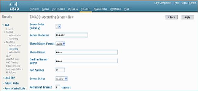 1. Use o GUI, e vá à Segurança > ao TACACS+ > à contabilidade. 2. Adicionar o endereço IP de Um ou Mais Servidores Cisco ICM NT do server e incorpore a chave secreta compartilhada.