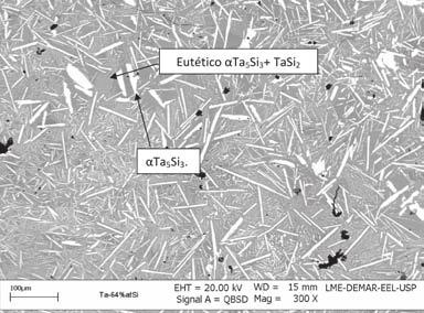 Eletrônica de Varredura no modo retroespalhados. Figura 6: Micrografia das ligas Ta64Si obtida via Microscopia Eletrônica de Varredura no modo retroespalhados. 4.