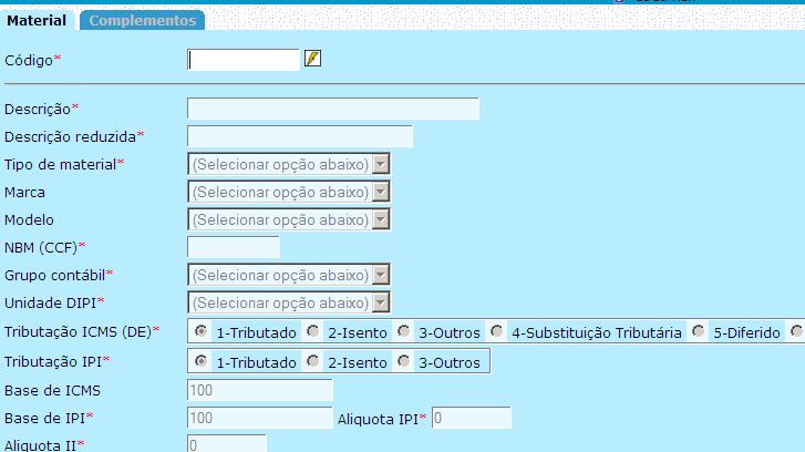 Cadastro básico / regras de negócios Estoque Materiais Selecionar a ultima opção, pressionar F2 e digitar os dados obrigatórios conforme abaixo: Acessar: Cadastro básico / regras de negócios Estoque