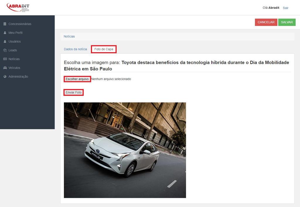 Em seguida, será exibida uma nova aba chamada Foto da Capa, para inserção da foto que será exibida na capa e conteúdo na notícia.