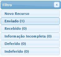 ACOMPANHAMENTO DE UM RECURSO O sistema oferece o acompanhamento de toda a tramitação do recurso, que pode ser visto no campo filtro. Situações: Enviado Todos os recursos cadastrados.