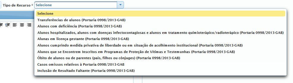 Tipo de Recurso - O sistema exibirá todos os tipos de recursos disponíveis para seleção. Selecione a opção desejada.