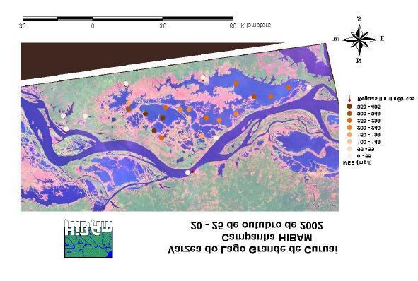 O mapa seguinte apresenta a distribuição do material em suspensão nas águas de superfície da várzea de Curuai : Se pode observar que, ao contrário da distribuição em águas altas, as menores