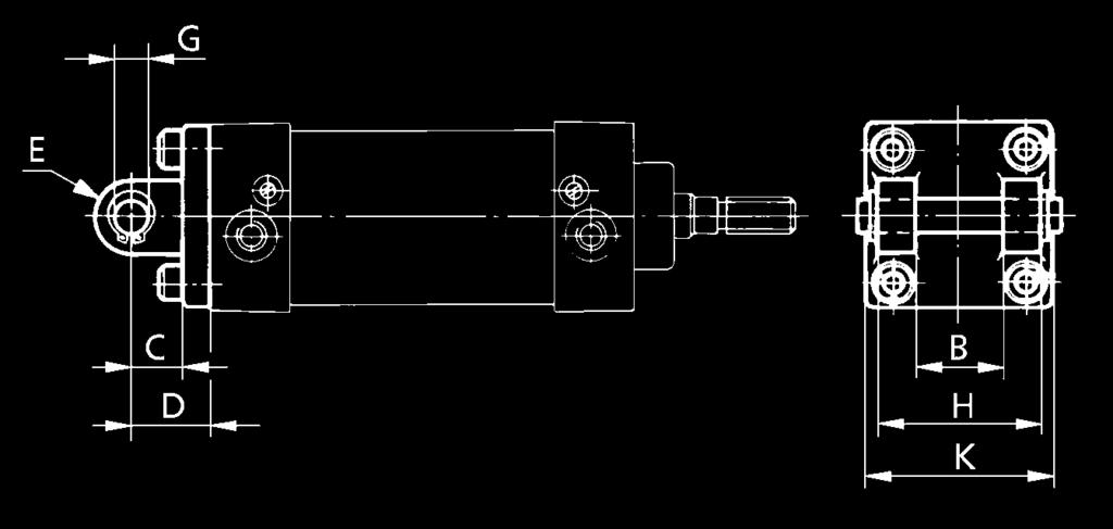 Forquilha traseira desmontável segundo VDMA 24562 T.2 (MP2) para cilindros com um diâmetro de pistão de 32 a 320 mm Pistão B C D E G H K Peso Referência Ø H14 ±0,2 H9 h14 aprox.