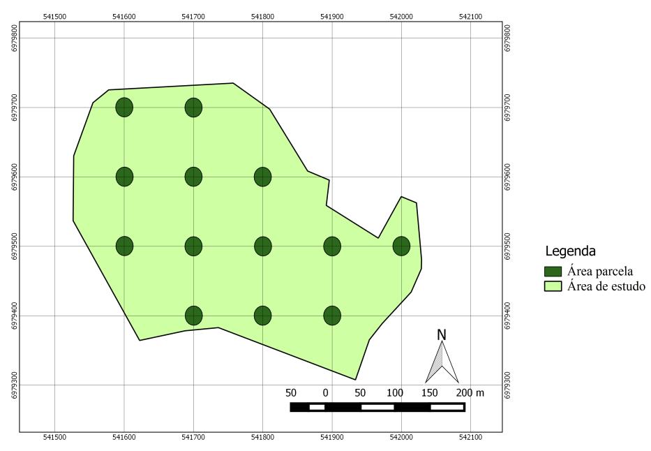 19 Figura 2 - Mapa com a grade de coordenadas UTM em intervalos de 100 m e localização das parcelas com áreas de 500 m² pelo método de Área Fixa. Fonte: O Autor. 3.2.1.2 Prodan Para o método de Prodan (Figura 3), a amostragem foi também sistemática com início aleatório simples.