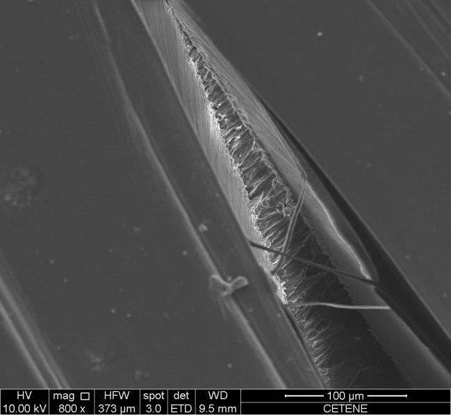 114 Figura 85. Imagem de MEV mostrando o detalhe de (a) uma craze como a ponta precursora de uma trinca e (b) das microfibrilações em maior ampliação.