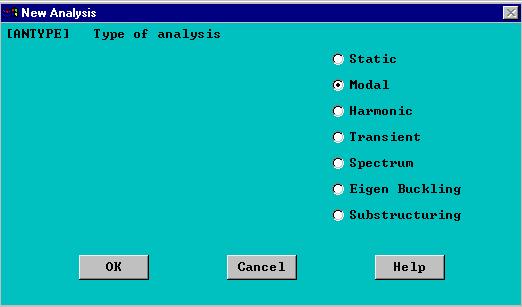 Fig. 18- janela para indicação do tipo de análise estrutural. Neste caso análise modal.