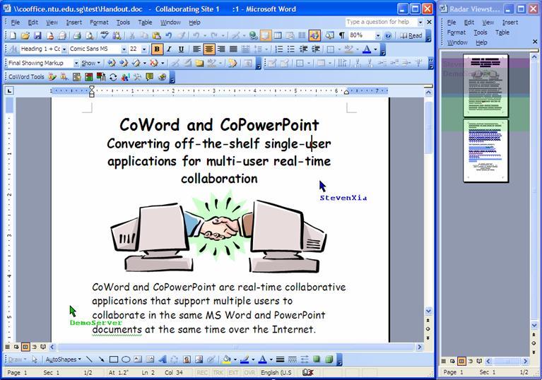 CoWord e CoPowerPoint Interação Assíncrona Neste caso, a cooperação ocorre através de mecanismos que permitam a coleta de informações sobre as atividades executadas por outros usuários.