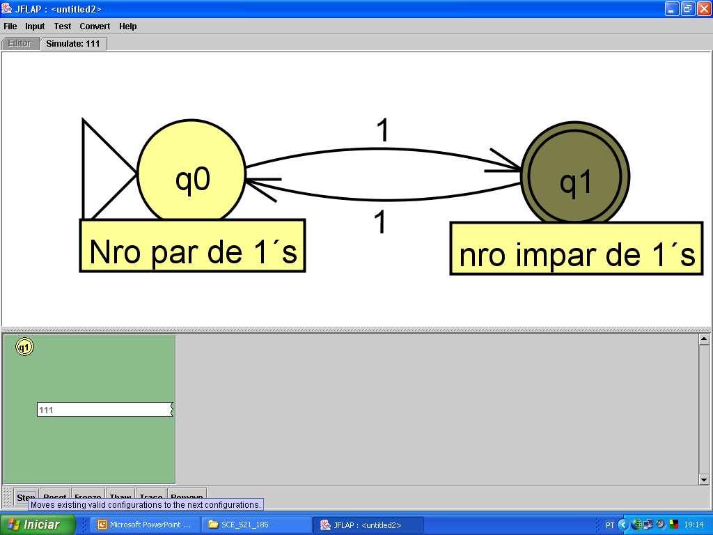 Completando o AFD M e reconhecendo uma cadeia de L(M) M = ({q0,q1,q2}, {0,1}, δ, q0,{q2}) δ: Fim de uma simulação, entrada em