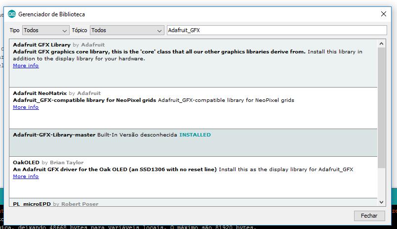 Bibliotecas Adicione a seguinte biblioteca Adafruit-GFX-Library-master.