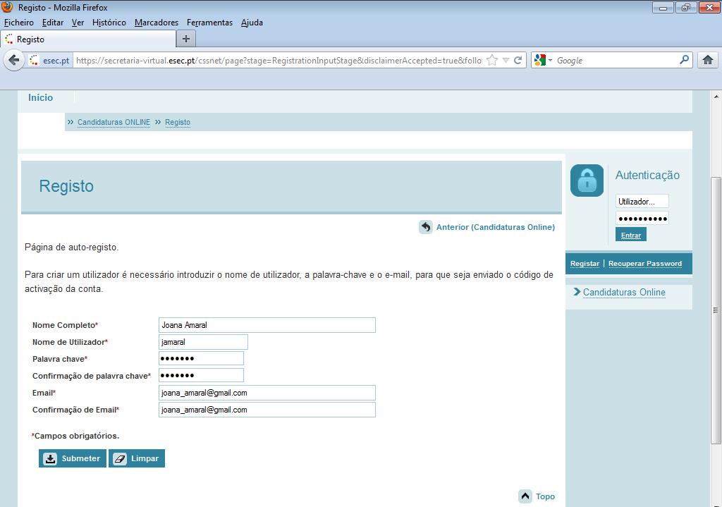 1.1.1 Criação do Utilizador O candidato deverá indicar qual o Nome de Utilizador e a Palavra Passe que pretende utilizar no CSSnet.