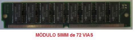 MÓDULOS DE MEMÓRIAS NO SISTEMA DE COMPUTAÇÃO (SIMM-72) Os fabricantes criaram o módulo de memória SIMM de 32 bits, que possui 72 vias que substituíram os antigos nas placas para 486 e se tornaram o