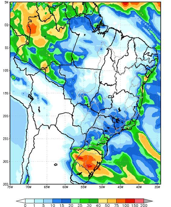 Figura 1 - Precipitação acumulada prevista pelo modelo ETA (CPTEC/INPE) para o período de 25/08 a 31/08/18 Nas bacias dos rios Paranapanema, Grande, Paranaíba e Iguaçu, e parte das bacias dos rios