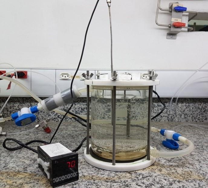 Esta mistura é aquecida no banho e, em seguida, passa por entre as paredes da célula de parede dupla promovendo o aquecimento da solução. A temperatura variou entre 68 C e 72 C.