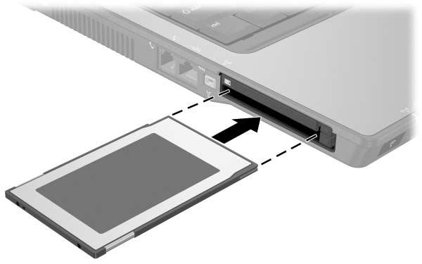 Componentes de hardware Introduzir placas PC Card ÄATENÇÃO: Para evitar danos aos conectores, proceda da seguinte forma: Exerça o mínimo de pressão ao introduzir a placa PC Card na ranhura