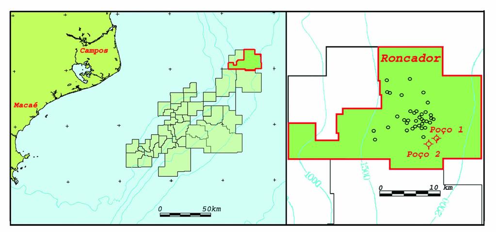 Figura 1 Localização da área dos campos produtores da Bacia de Campos. Em destaque o Campo de Roncador. Figure 1 The ring fences areas of Campos Basin.
