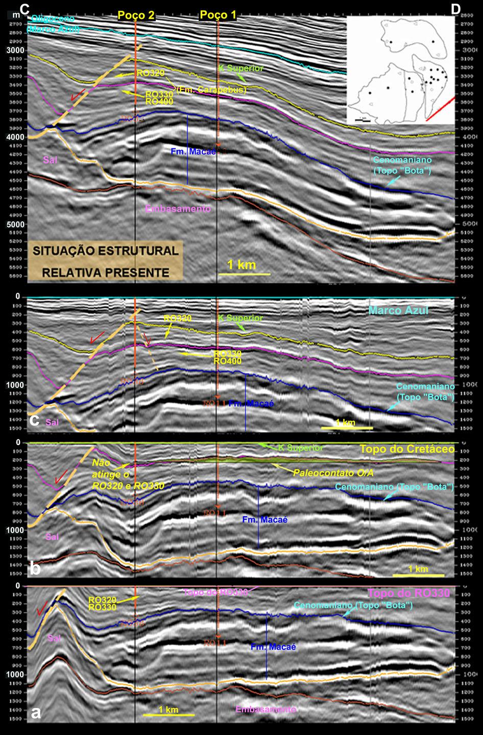 Figura 5 Seção sísmica SW-NE (profundidade) ortogonal à seção anterior área a SE de Roncador.