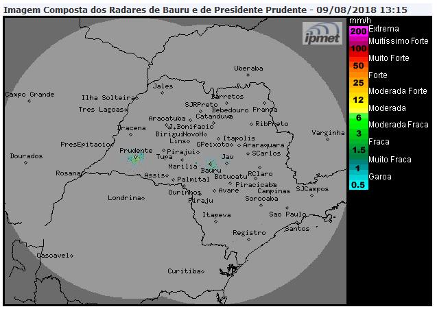 Situação das chuvas às 13h15min Os radares meteorológicos do IPMet/UNESP, instalados em Bauru e Presidente Prudente, não estão detectando chuva no estado de São Paulo.