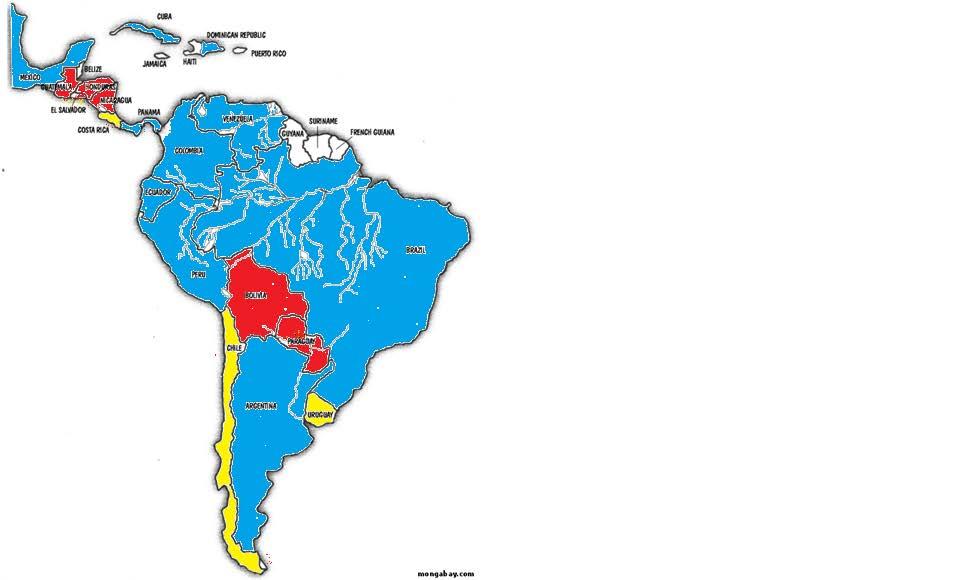 Os países coloridos em vermelho apresentam pior desempenho no tema O futuro da Educação são os seguintes países Bolívia, El Salvador, Guatemala, Honduras, Nicarágua e Paraguai.