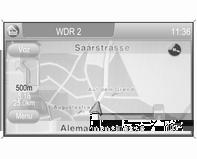 Navegação 69 Instruções visuais As instruções visuais são apresentadas no visor do mapa, no menu MENSAGEM DE TRÂNSITO, em todos os menus áudio, p.ex. o menu CD e no menu TELEFONE.