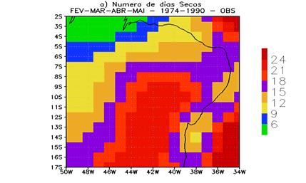 para o período FEV-MAR-ABR-MAI referente ao número de dias com chuva leve (<= 3mm) e chuva definida como forte (>10 mm) para uma área média (12ºS-2ºS e 55ºW-34ºW) no NEB representativa do semi-árido.