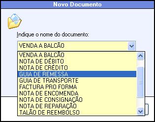 Mudar o tipo de documento Função DOCUMENTO (SELECTDOC) A qualquer momento poderá surgir a necessidade de emitir um documento diferente da Venda a Balcão, uma guia por exemplo.