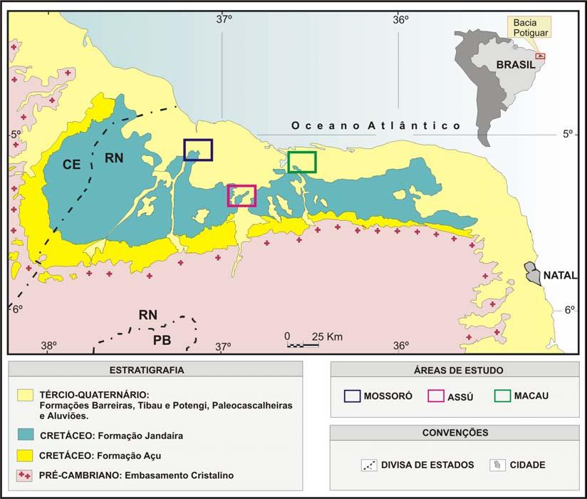 Figura 1. Mapa geológico simplificado e localização das áreas de estudo. A denominação da área de trabalho foi escolhida segundo a maior abrangência dentro do município.