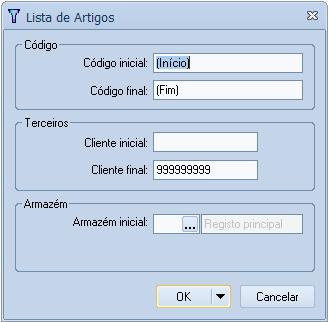 Exemplos disponíveis nas listagens de artigos: Código de Artigo - mostra todos os registos existentes nas fichas de artigos, ordenados por código de
