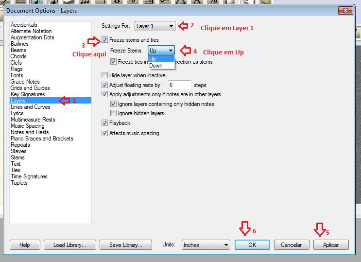 ESCREVENDO PARTITURAS 26 3. Marque o retãngulo Freez stems and ties 4. Escolha Up ou Down 5. E ao final quando definir todas as layers clique em aplicar. 6.