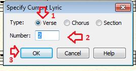 Para colocar o texto, ative o menu Lyrics Specify Current Lyric. Uma janela será aberta.