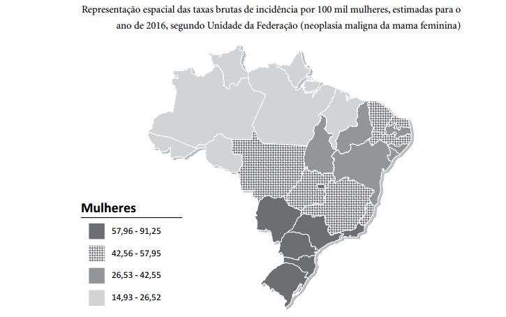 1 Introdução 22 Fonte: Instituto Nacional do Câncer/ INCA, 2016. Figura 1 - Representação espacial das taxas de incidência por 100mil mulheres, estimadas para o ano de 2016 no Brasil 1.