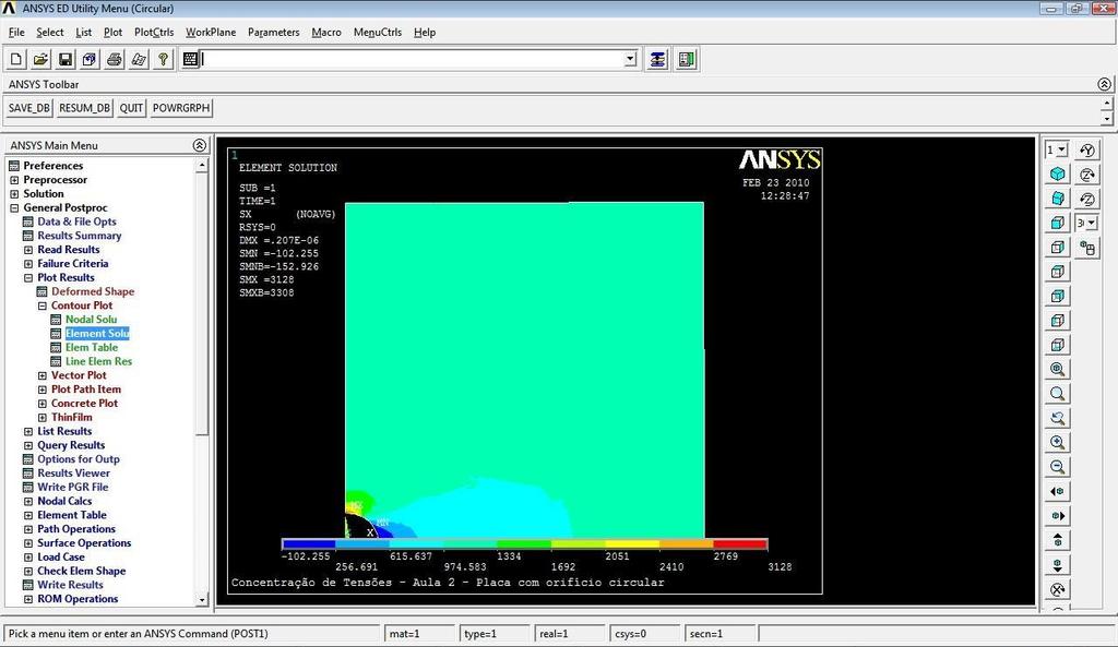 No ANSYS Main Menu dentro do General Postproc clicar em Plot Results, Contour Plot, Element Solu ; Na nova janela selecionar: o Stress; X Component of Stress Clicar em OK