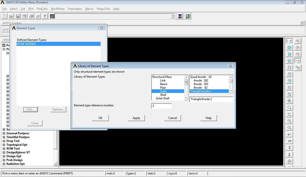 Na nova janela que aparecer, em Discipline for filtering GUI Topics, selecionar a opção Structural ; Clicar em OK. B 2. ENTRA NA FASE DE PRÉ-PROCESSAMENTO No ANSYS Main Menu, clicar em Preprocessor.