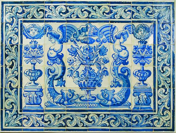 452 PAINEL DE 48 AZULEJOS, decoração a azul "albarradas, golfinhos, sereias e cabeças de anjo", cercadura barroca, portugueses, séc.