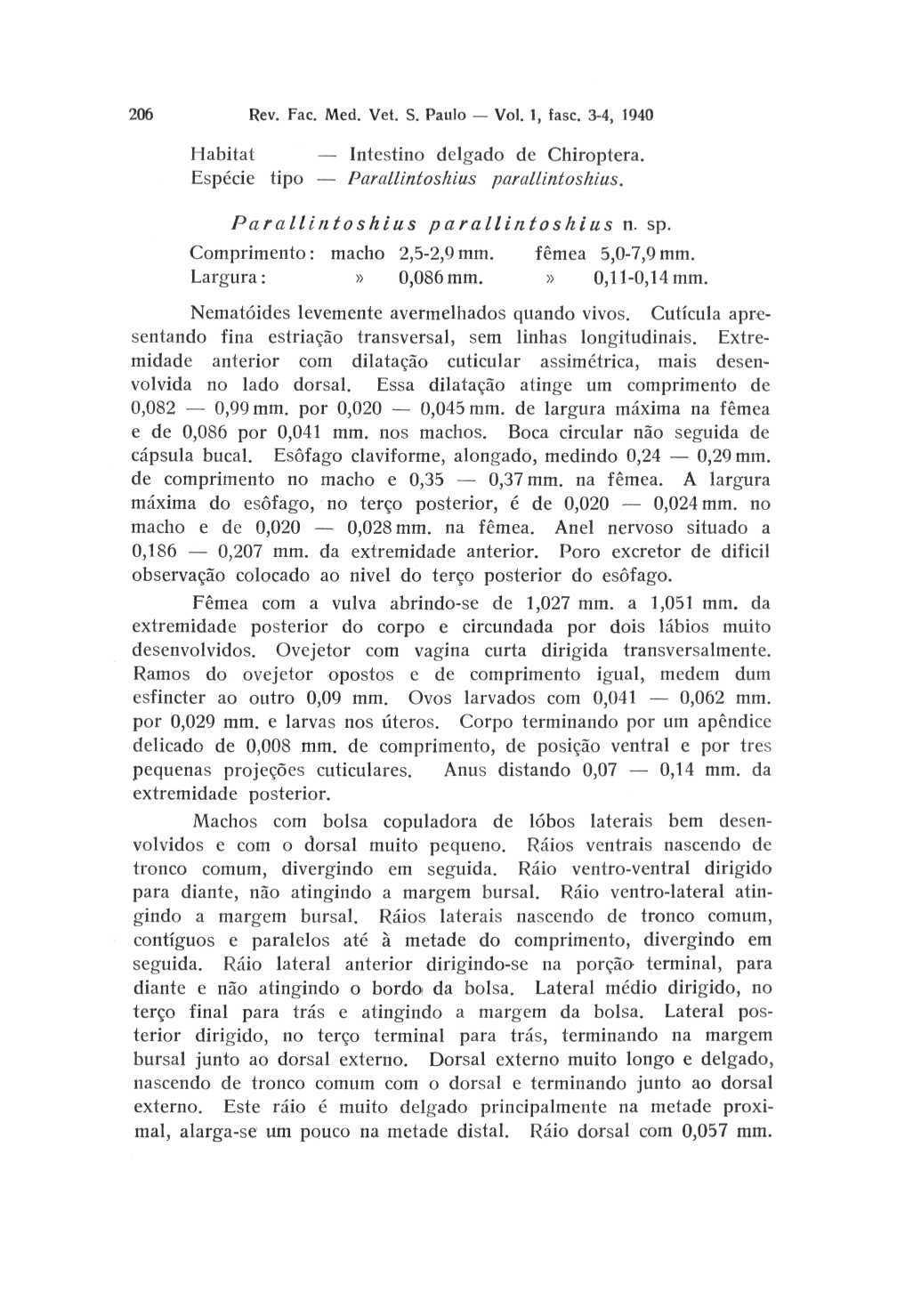 206 Rev. Fac. Med. Vet. S. Paulo Vol. 1, fasc. 3-4, 1940 Habitat Intestino delgado de Chiroptera. Espécie tipo Parallintoshius parallintoshius. Parallintoshius parallintoshius n. sp.