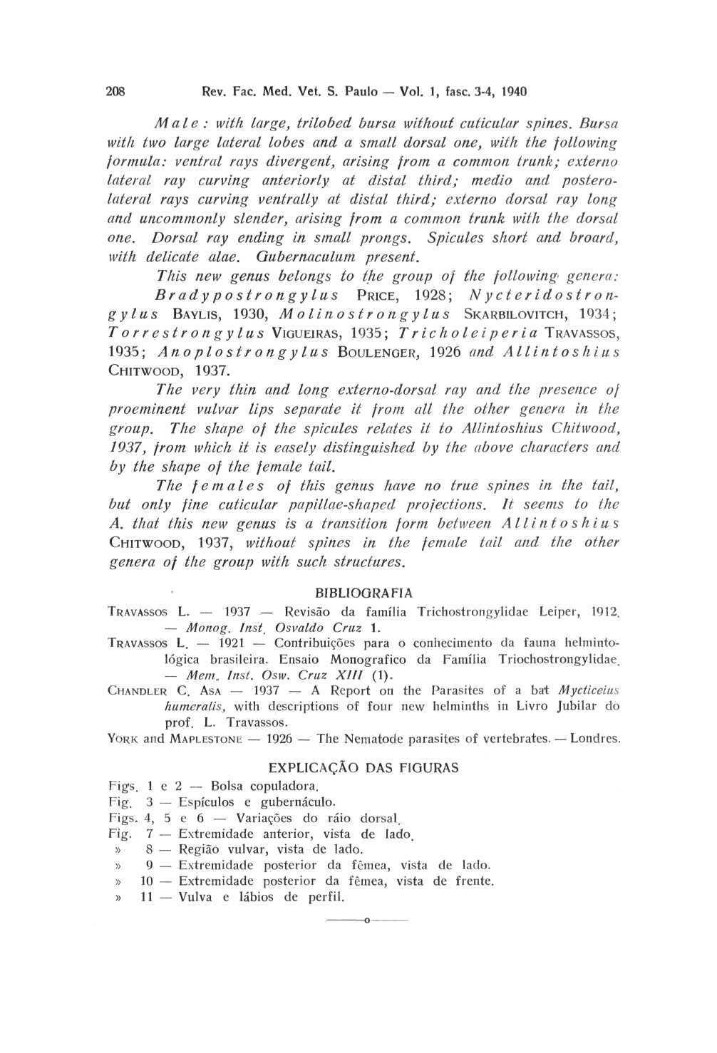 208 Rev. Fac. Med. Vet. S. Paulo - Vol. 1, fasc. 3-4, 1940 Male : with large, trilobed bursa without cuticular spines.