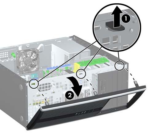 Remoção do painel frontal 1. Remova/desacople quaisquer dispositivos de segurança que impeçam a abertura do computador. 2.