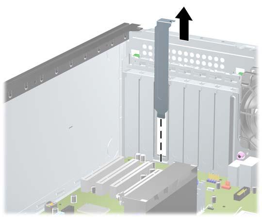 8. Antes de instalar uma placa de expansão, remova a tampa dos slots de expansão ou a placa de expansão existente. a. Para instalar uma placa de expansão em um slot vazio, remova a tampa da placa de expansão apropriada na parte traseira do chassi.