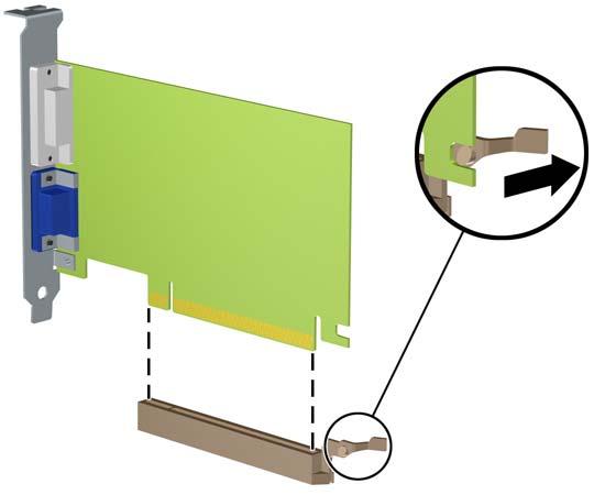 c. Para remover uma placa PCI Express x16, puxe a alavanca retentora localizada na parte traseira do slot de expansão e, cuidadosamente, movimente a placa para frente e para trás até soltar seus