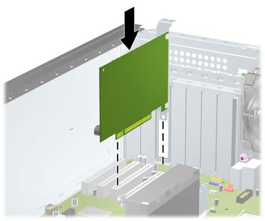 11. Para instalar uma nova placa de expansão, deslize o suporte metálico no extremo da placa para baixo no slot na parte traseira do chassi e pressione firmemente a placa para baixo no slot da placa