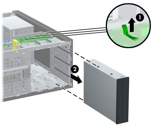 Figura 2-19 Remoção de uma unidade de 5,25 polegadas na configuração de desktop (a ilustração apresenta uma unidade óptica) Para remover uma unidade de 5,25 polegadas em uma configuração minitorre,