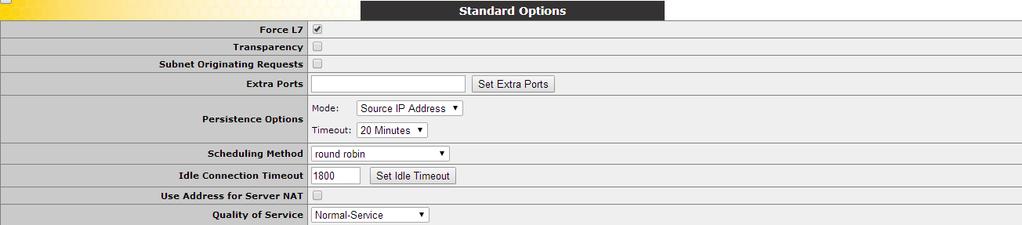 6. Clique Add This Virtual Service. Figura 5-52: Standard Options section 7. Expanda a seção Standard Options e selecione as seguintes opções: a) Selecione Source IP Address como Persistence Mode.