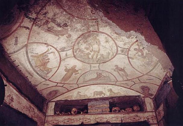 O Bom Pastor. Afresco, meados do século III. Cripta de Lucina, Catacumba de Calisto, Roma.